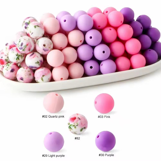 Pink/Purple Floral 15mm Silicone Beads Mix