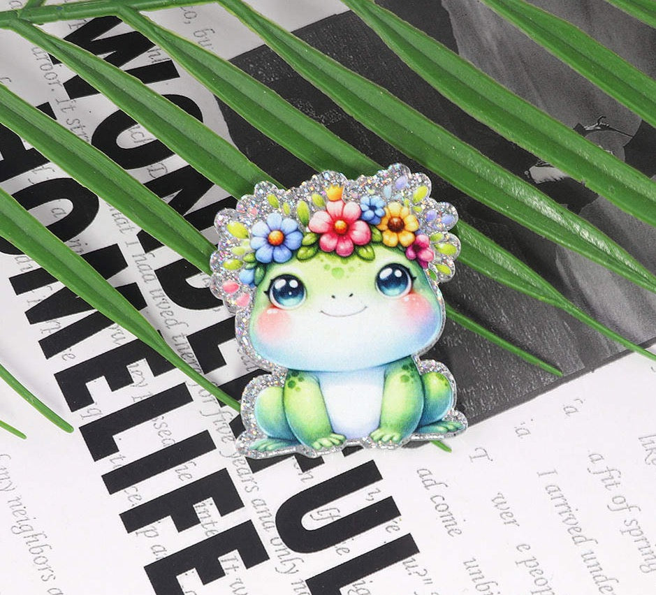 Cute Floral Frog Glitter Acrylic