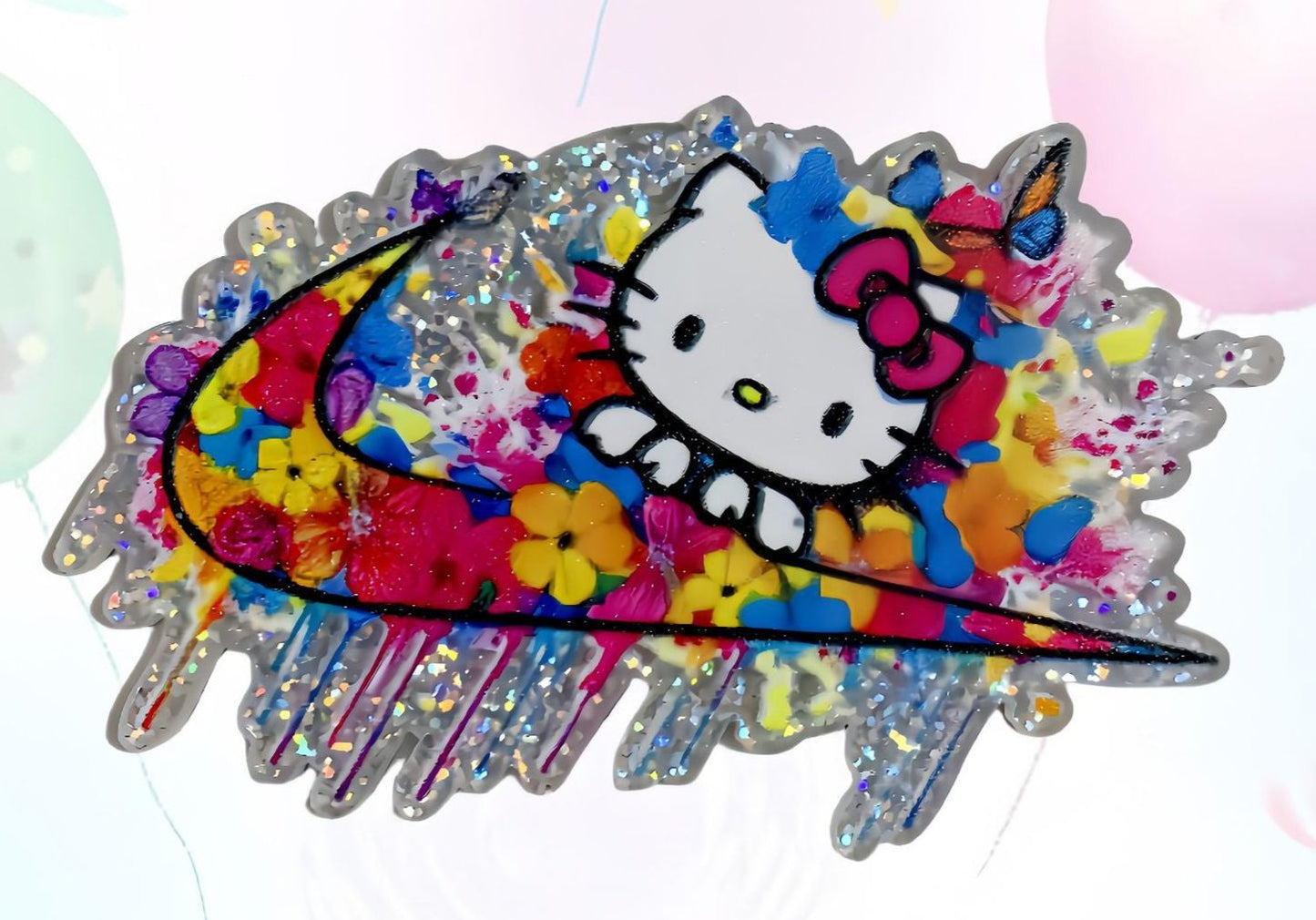 White Cat Floral Swoosh Glitter Acrylic