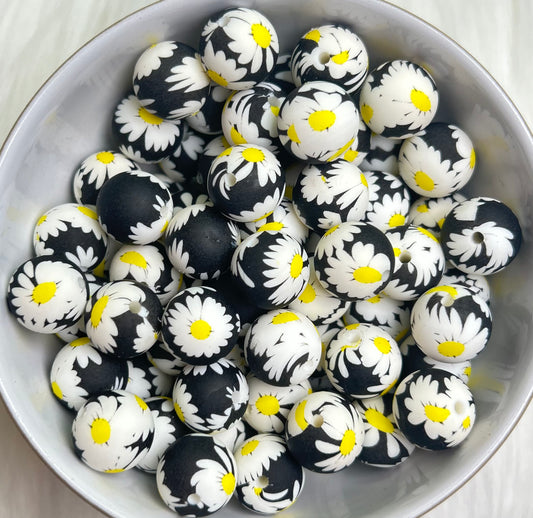 New Black & White Daisy Printed Silicone Beads