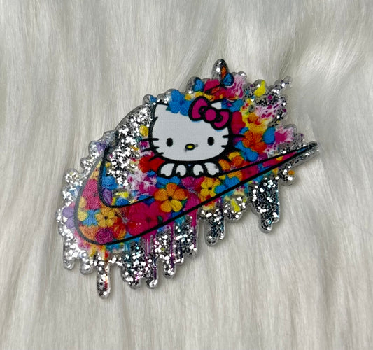 White Cat Floral Swoosh Glitter Acrylic