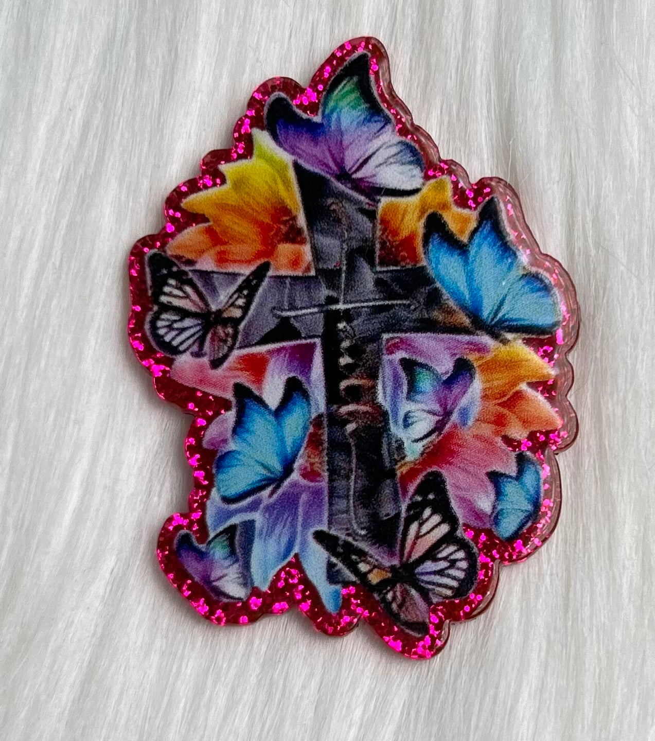 Faith Butterfly Cross Glitter Acrylic