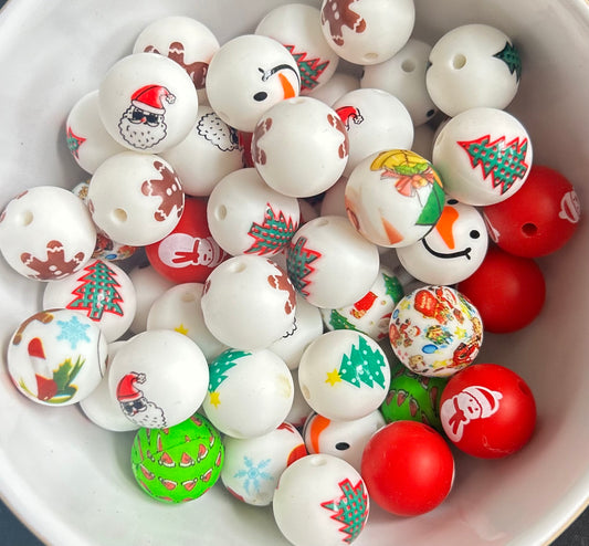 New Christmas Mix Printed Silicone Beads