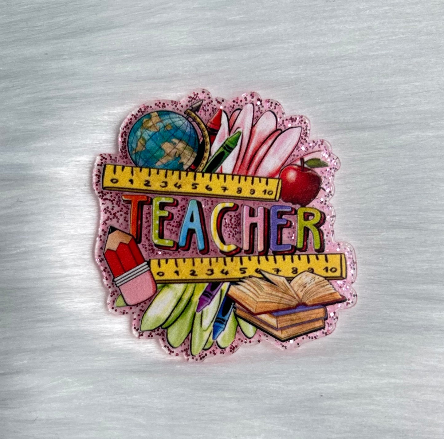 Pink Teacher Flower Glitter Acrylic