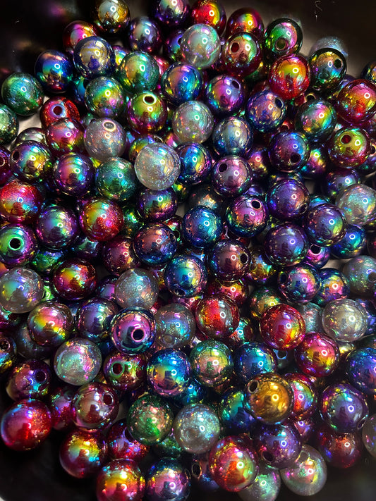 16mm Black Rainbow Glitter Galaxy Beads