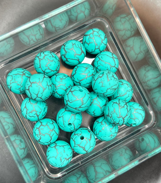 Teal Crackle 15mm Printed Silicone Beads