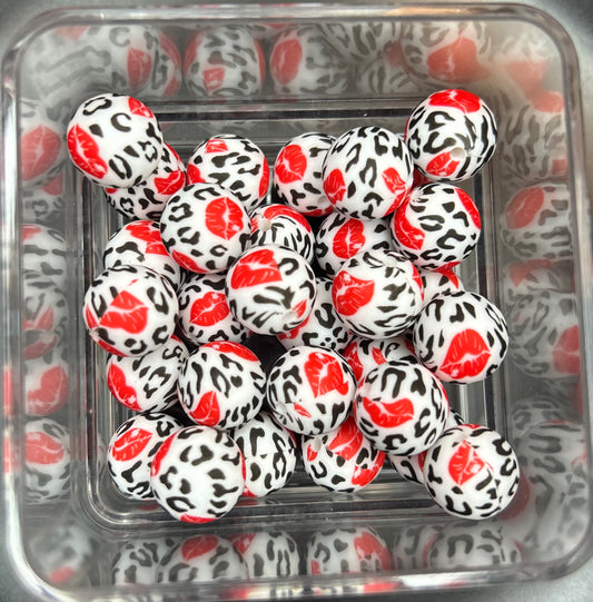 Red Lip Leopard 15mm Printed Silicone Beads