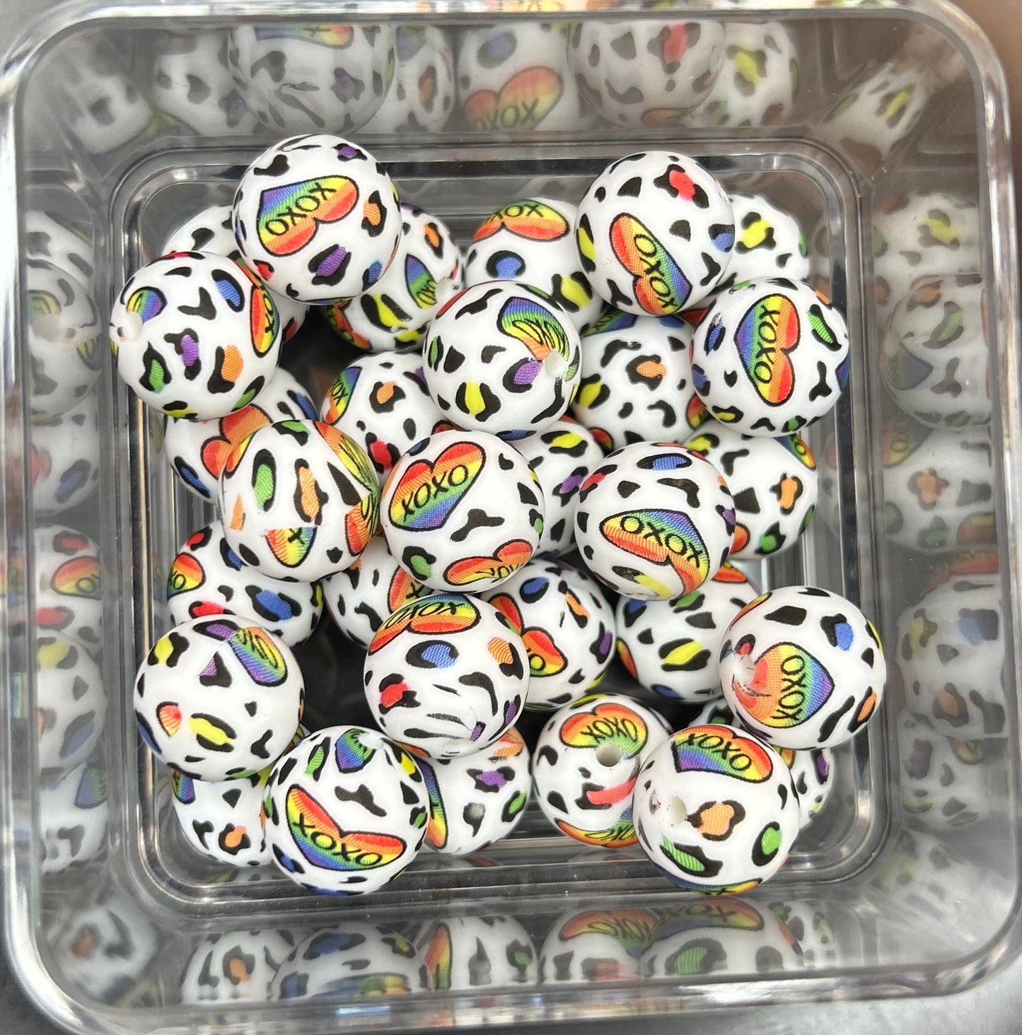 Rainbow Heart Leopard 15mm Printed Silicone Beads