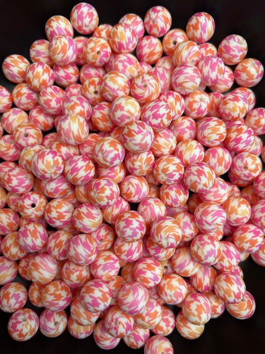 New Pink/Orange Houndstooth 15mm Printed Silicone Beads