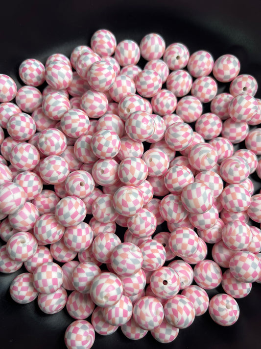 New Pink/Light Purple Checkered 15mm Printed Silicone Beads