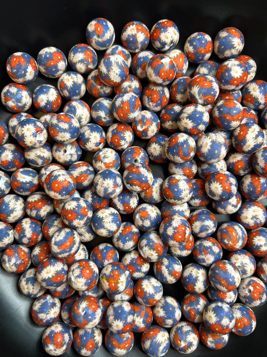 New Red, White, & Blue Daisy 15mm Printed Silicone Beads