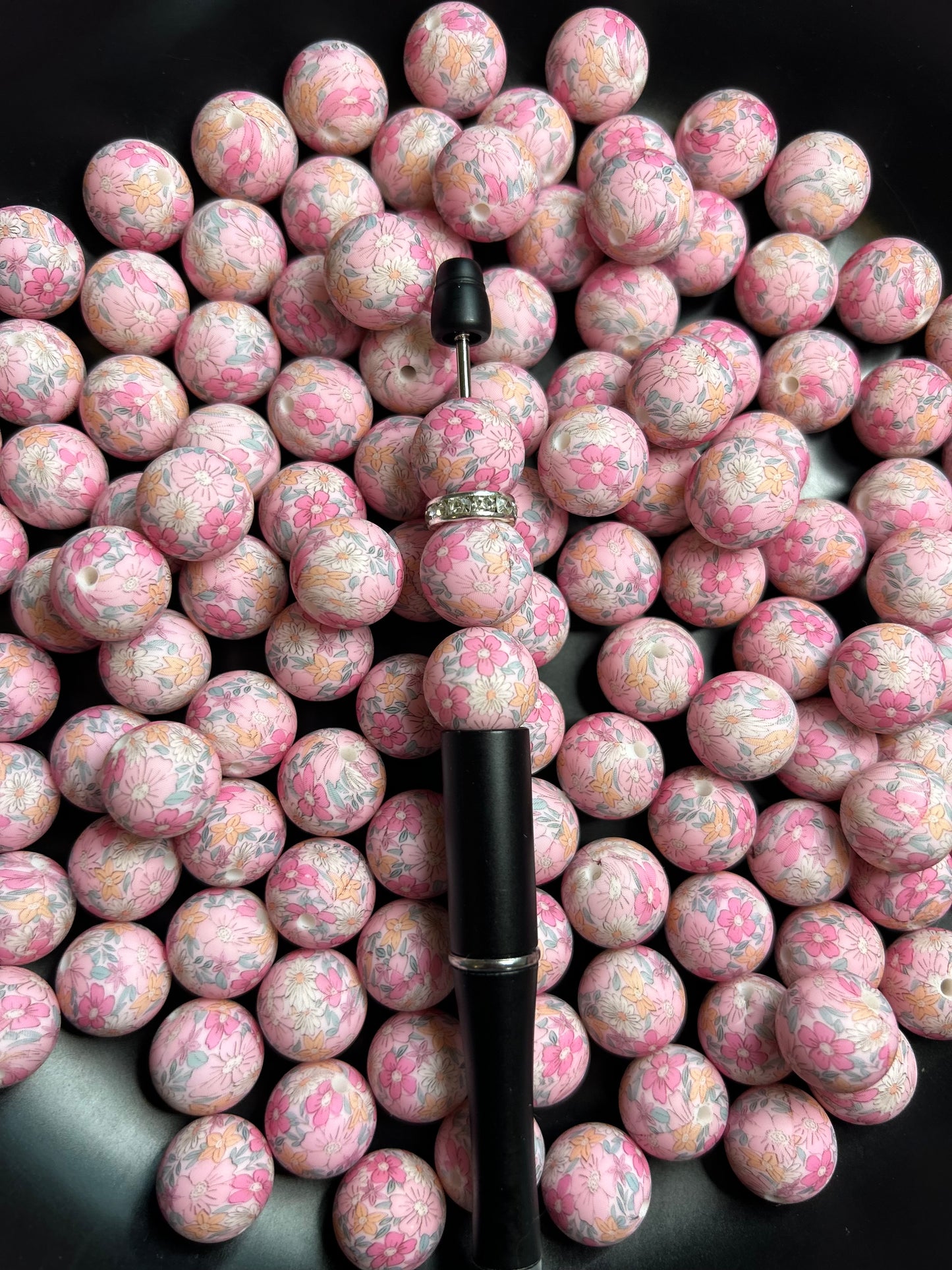 New Pink Floral 15mm Printed Silicone Beads