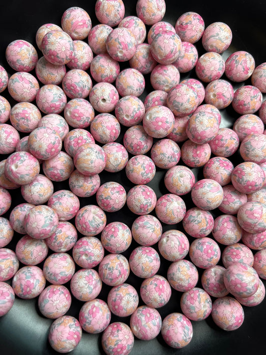 New Pink Floral 15mm Printed Silicone Beads