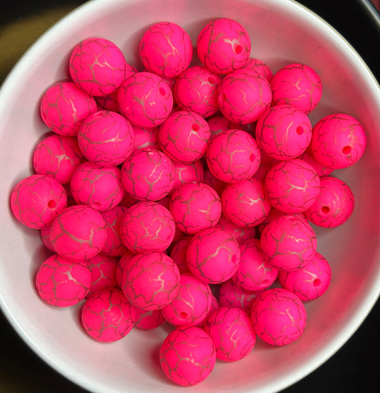 New Hot Pink Crackle Printed Silicone Beads