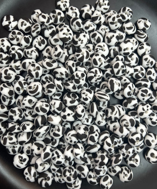 12mm Cow Print Silicone Lentil Beads