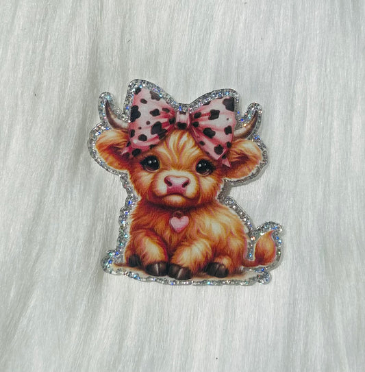 Pink Bow Highland Cow Glitter Acrylic