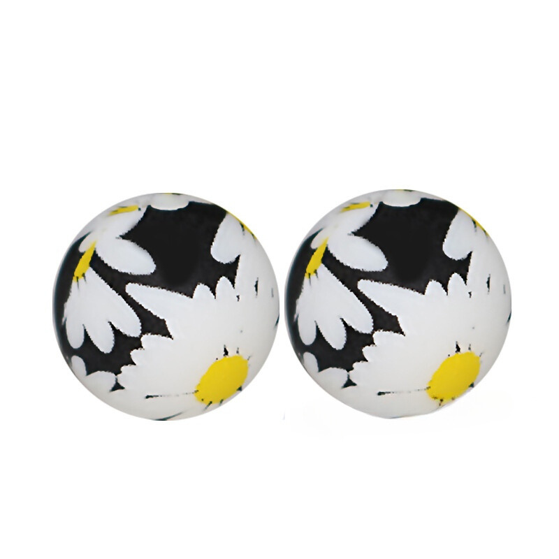 New Black & White Daisy Printed Silicone Beads