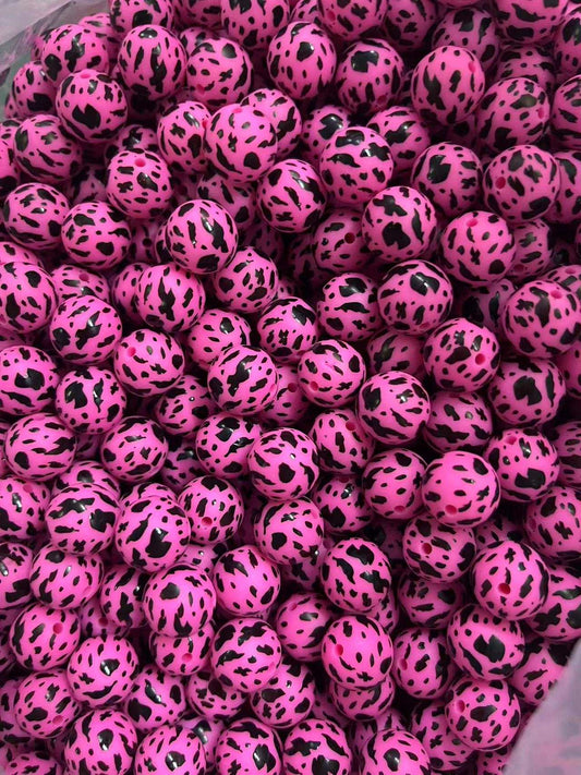 New Pink Cow Print Printed Silicone Beads